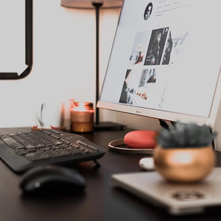 ästhetisches Schreibtisch Stilleben mit Bildschirm, Tastatur, Maus und Zimmerpflanze