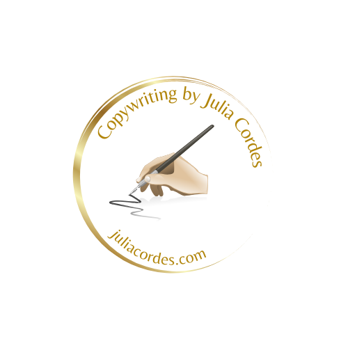 Logo: Copywriting by Julia Cordes. Schreibende Hand mit Füllfederhalter